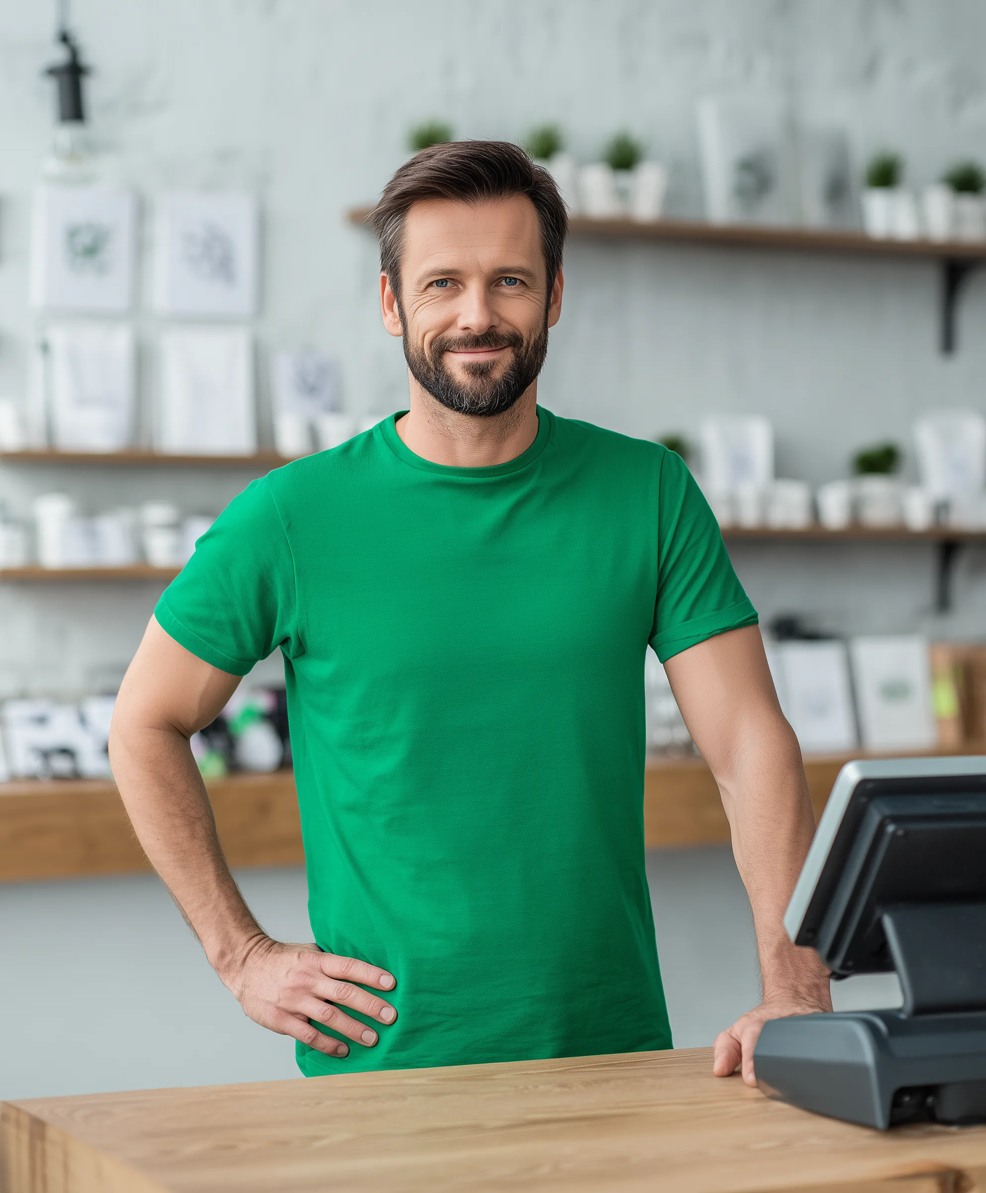 Dueño de tienda con camiseta verde